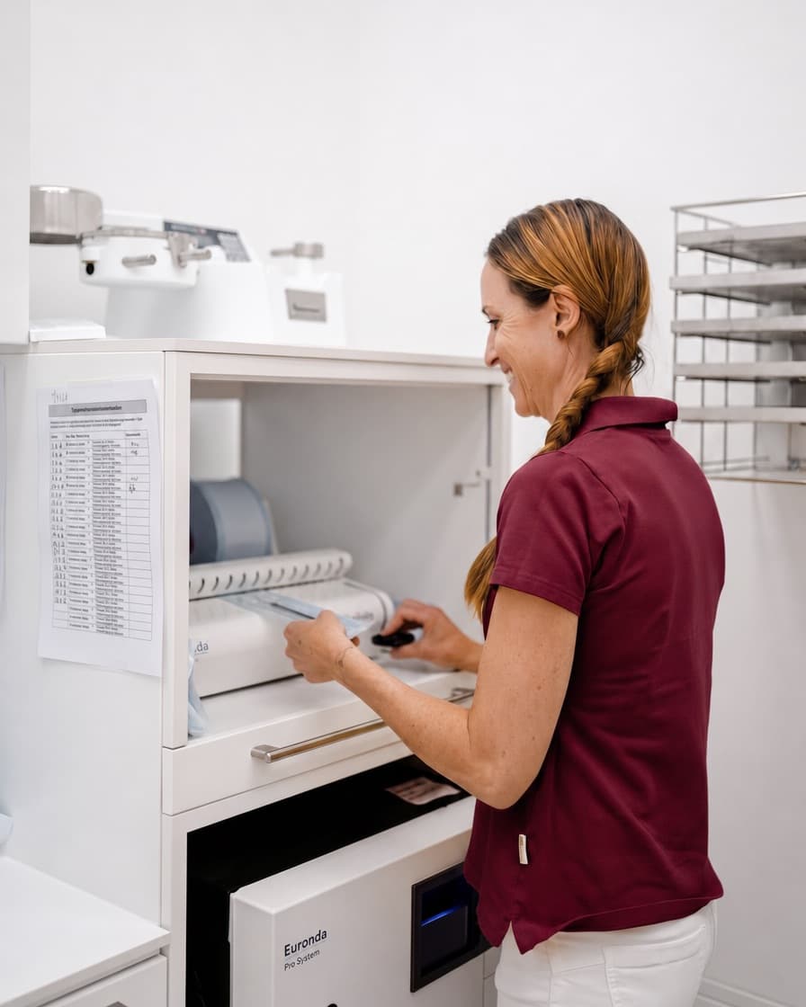 Mitarbeiterin bedient den Sterilisator in der Ordination dentalReinisch