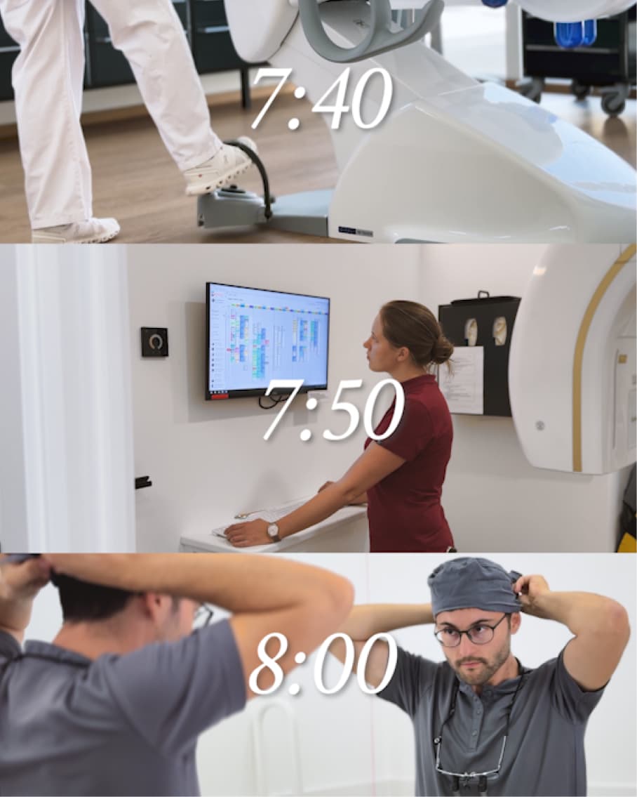 Drei Momente vom Praxisstart um 7:40, 7:50 und 8:00 Uhr.